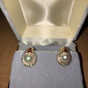 14K gold pearl diamond & ruby earrings